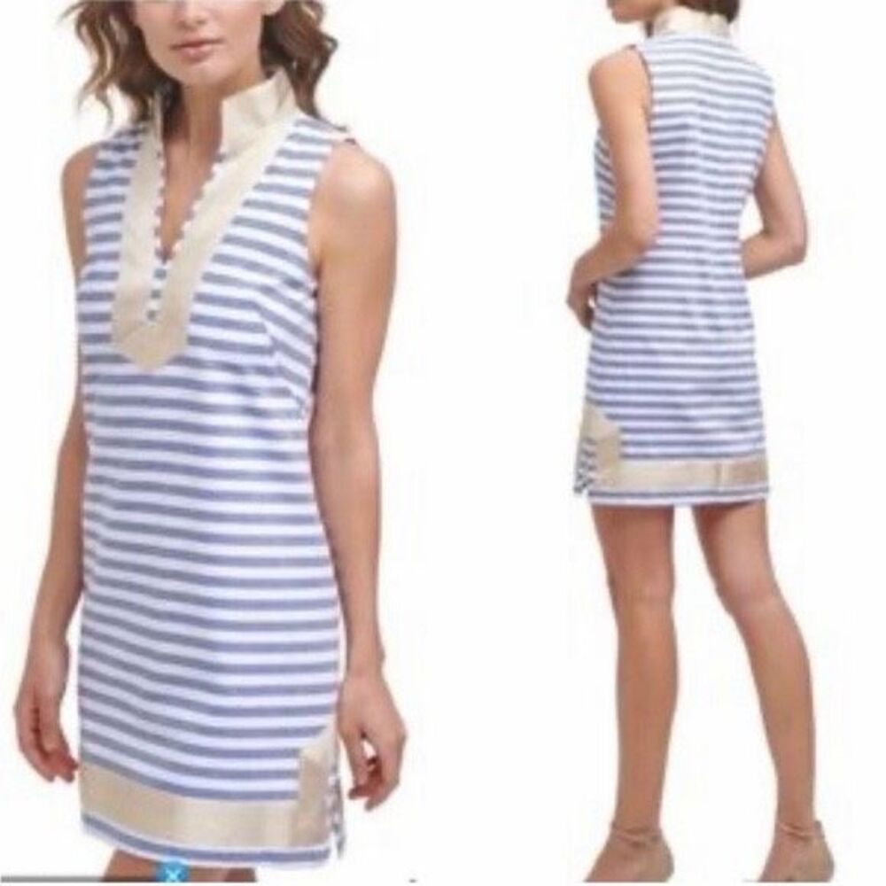Eliza J Dress 16 Blue White Stripe Nautical Gold V Neck Cotton Mini Tunic short - Picture 1 of 16